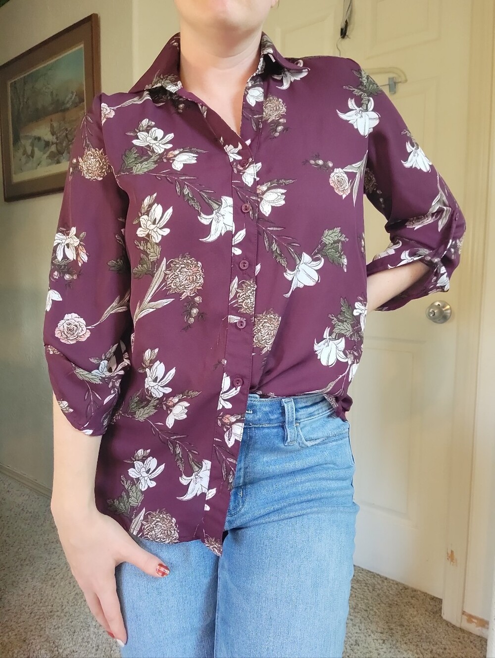 Justify Plum Floral Button Front Lace Back Blouse Women's Size S